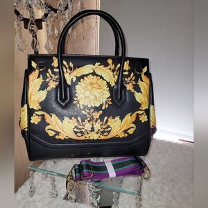 Gorgeous Yellow & Black Floral Leather Handbag or Shoulder Bag, Black Medallion.